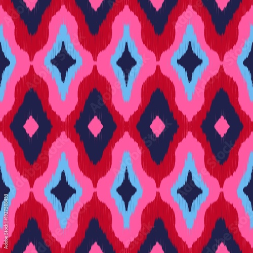 Vibrant ikat geometric pattern. Illustration colorful abstract Ikat geometric shape seamless pattern. Ethnic geometric pattern use for fabric, textile, home decoration elements, upholstery, etc.
