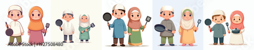 vector of a Muslim little children standing holding cooking utensils