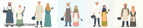 vector of a Muslim couple standing holding cooking utensils