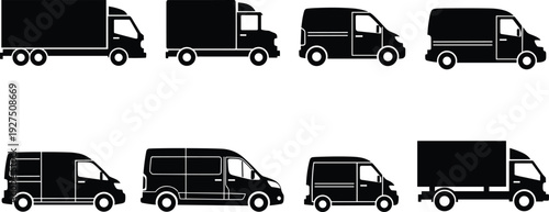 Collection of eight black silhouette icons featuring various commercial delivery vehicles including heavy cargo trucks semi trucks and logistics transport vans on white