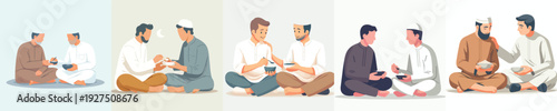 vector of Muslim brothers men sharing food while breaking the fast