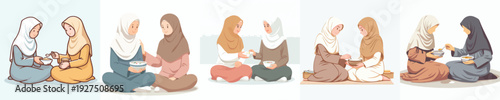 vector of Muslim brothers women sharing food while breaking the fast