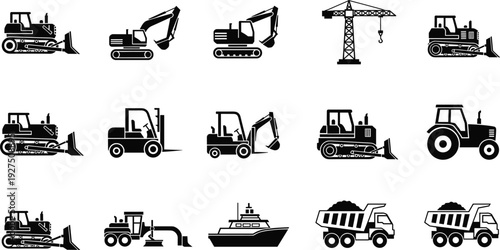 Collection of fifteen black silhouette icons featuring heavy construction machinery including excavators bulldozers cranes forklifts tractors dump trucks and industrial ships on a white background