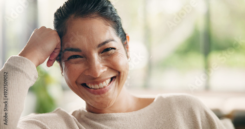 Mature, woman and break in home with portrait, comfortable and couch for chill and laugh in lounge. Happy person, relax and smile for me time on sofa with confidence, stress free and lazy weekend #1927509052