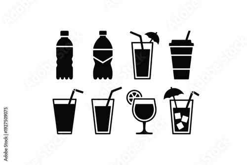 Drink bottle and glass vector silhouettes with straws and umbrellas