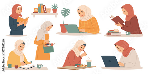 Diverse Muslim women engaging in daily activities with modern style