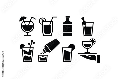 Cocktail icon set with various drinks and glasses on a beige background