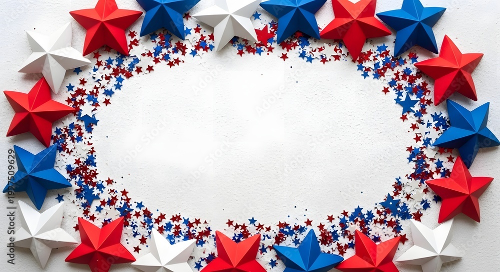 Obraz premium Red white and blue star wreath frame with confetti on gray