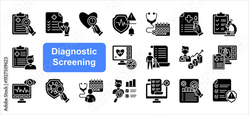 Diagnostic Screening icon set, with Vital Check, Symptom Review, Clinical Evaluation, Diagnostic Repo.
