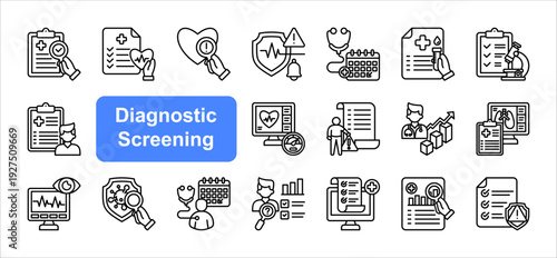 Diagnostic Screening icon set, with Health Assessment, Early Detection, Risk Evaluation.