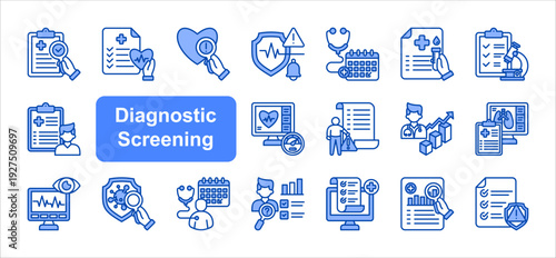 Diagnostic Screening icon set, with Preventive Check, Medical Test, Lab Screening, Patient Intake.