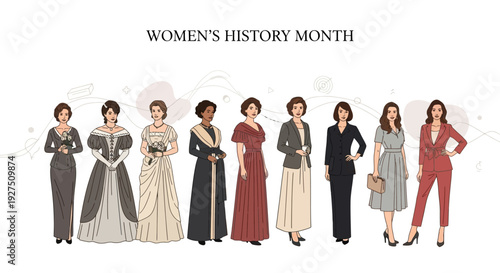 Illustration of diverse women in various professional outfits celebrating Women's History Month with a modern and empowering mood against a clean white background.