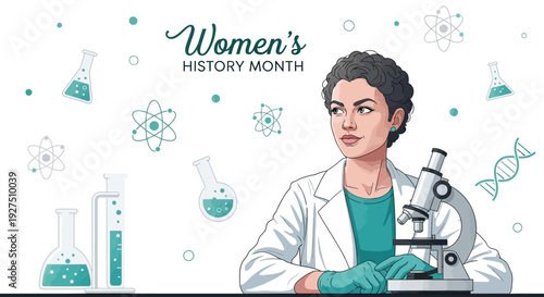 Illustration of a woman in a lab coat using a microscope celebrating Women's History Month with science icons and a clean white background.