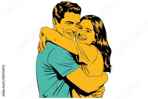 A happy couple sharing a warm hug in a colorful illustration