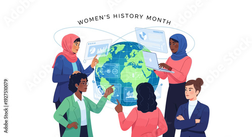 Wallpaper Mural Illustration of diverse women in business attire celebrating Women's History Month with a globe, conveying empowerment and gender equality in a colorful and modern style. Torontodigital.ca