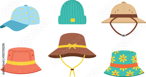Summer hats flat vector set with colorful caps bucket and safari styles