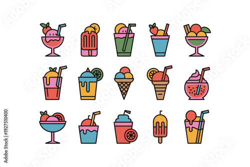 A colorful illustration of various cold drinks and desserts icons