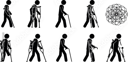 Disabled person walking with crutches and cane stick figure icons set, medical rehabilitation injury recovery symbols, physical therapy vector illustration.
