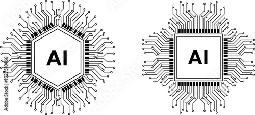 Artificial intelligence processor icons set, black circuit board microchip vector illustration, AI technology hardware components, minimalist digital brain engineering graphic.