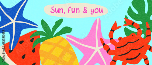 Illustration with a watermelon, pineapple, and tropical elements on a blue background. Summer vacation and holiday concept for a web banner.