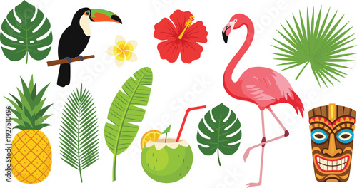 Tropical Jungle Icons Set with Flamingo Toucan Pineapple Palm Leaves and Exotic Elements Illustration