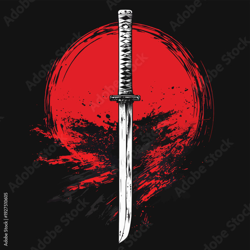 White katana sword knife samurai ronin with red circle sun japanese style tattoo on black background vector icon design. , vector style simple color
