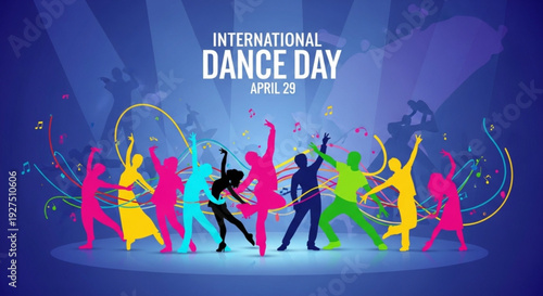 Vibrant silhouettes of dancers celebrate international dance day on april 29 with colorful confetti and spotlights on a blue background promoting joy and movement