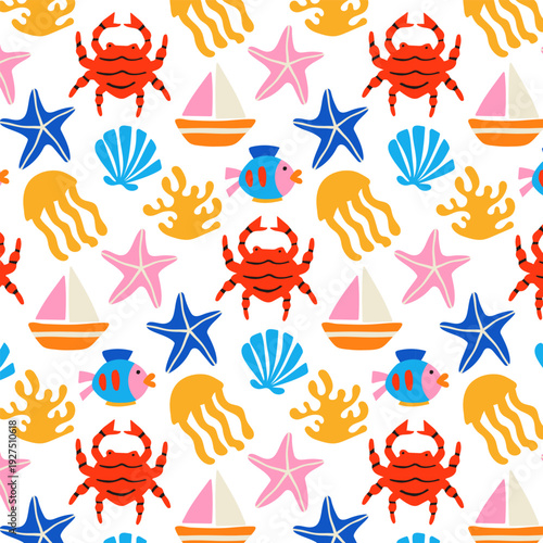 A colorful seamless pattern with cute sea creatures. A background featuring underwater animals. Crabs, fish, starfish, and jellyfish are used as decoration.