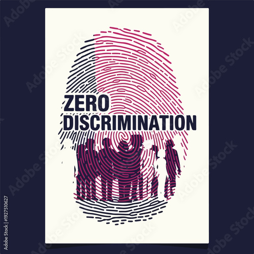 Vector illustration of a diverse group of people in a fingerprint design for Zero Discrimination Day, promoting workplace equality and inclusive community poster design with