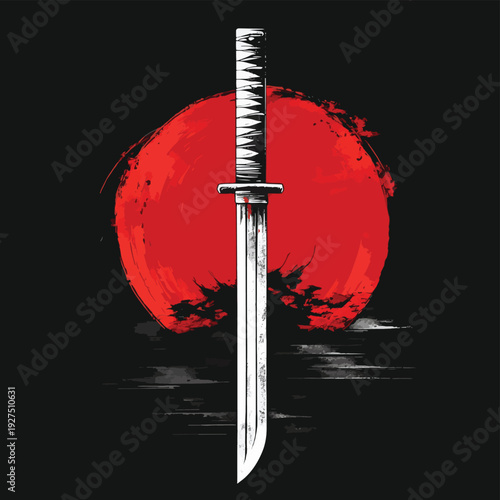 White katana sword knife samurai ronin with red circle sun japanese style tattoo on black background vector icon design. , vector style simple color