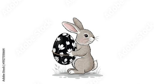 Adorable illustrated bunny rabbit holding a large decorative black and white floral patterned easter egg