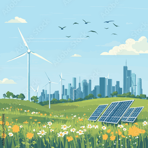 White wind turbines on the hill to generate electricity from the wind with solar cell panel or photovoltaic and green city flat icon vector