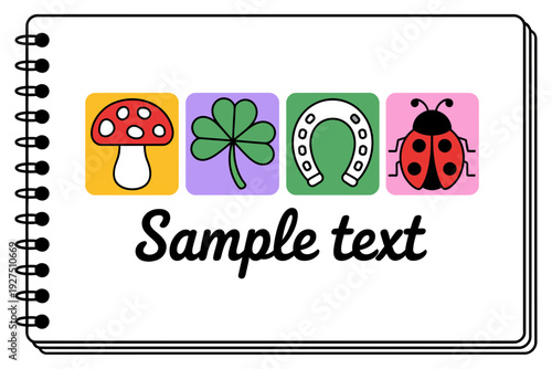 A notebook with cartoon icons and sample text for kids