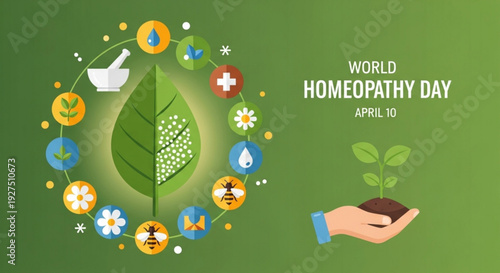 World homeopathy day poster with leaf icons and hand holding plant on green background april 10