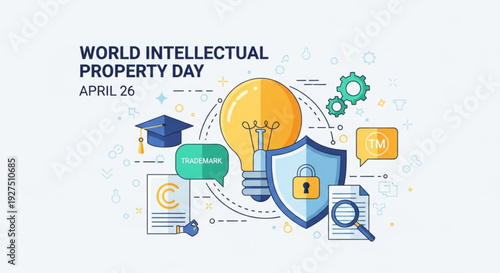 World intellectual property day concept with lightbulb shield lock and education icons on white background