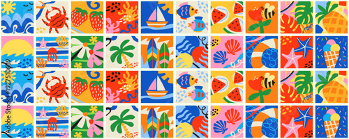 A bright summer pattern with nautical and tropical motifs. A modern, abstract, repeating summer vacation illustration for print.