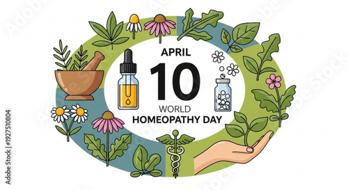 World homeopathy day april 10 illustration with herbs and flowers