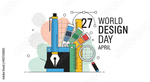 World design day april 27th illustration with design tools and colorful background