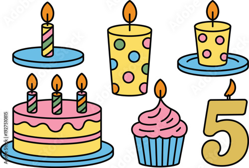 A colorful cartoon illustration of a fifth birthday celebration with cake