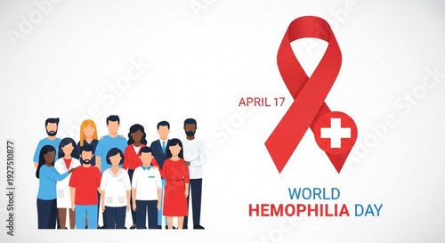 Diverse group of people supporting world hemophilia day on april 17 with red awareness ribbon