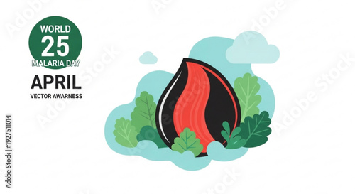 World malaria day awareness illustration with mosquito bite green leaves and blue clouds on white background april 25th vector graphic