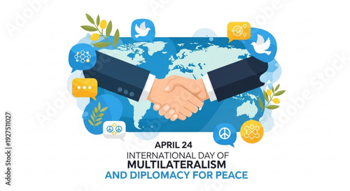 Handshake on globe with social media icons for international day of multilateralism and diplomacy for peace
