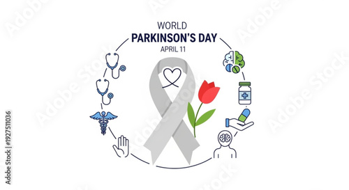World parkinson's day awareness campaign with gray ribbon red tulip and medical symbols on white background