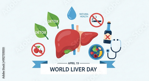 World liver day illustration with liver detox symbols and health icons on a white background