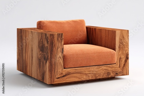 Modern rustic wooden armchair with terracotta cushions in minimalist interior design
