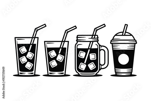 A set of soda drinks in different glasses and cups with straws