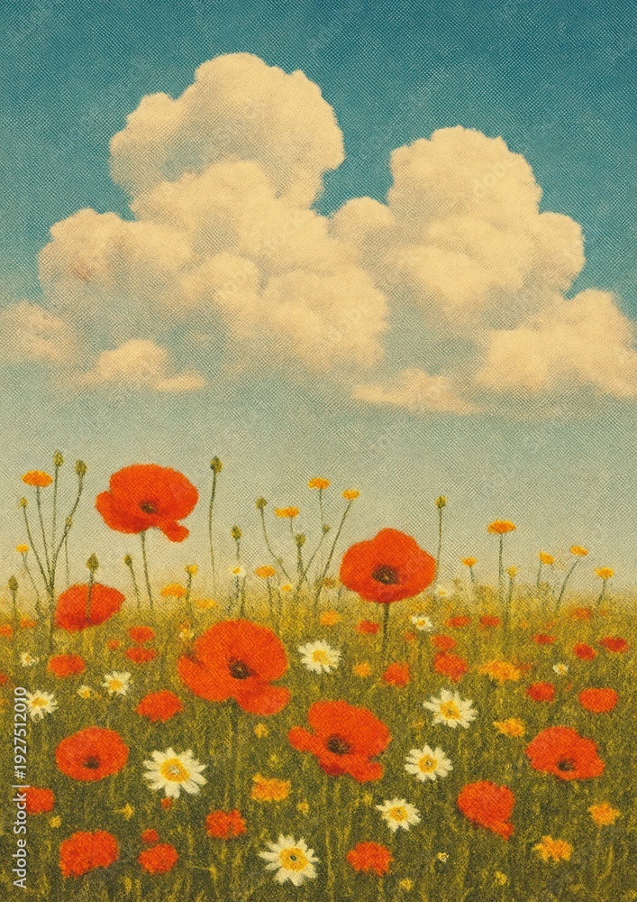 Fototapeta premium Vibrant floral field under clouds.