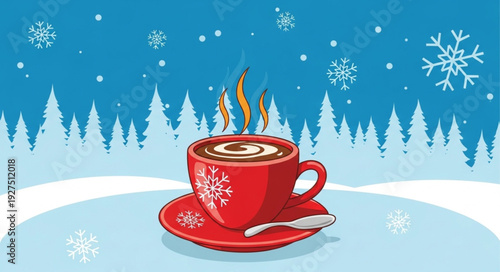 Red Coffee Cup with Snowflakes and Steam.