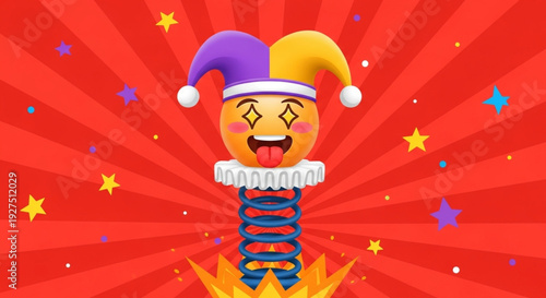 Expressive 3D jester emoji with star eyes playfully springs up, creating a burst of surprise and joy on a vibrant red background