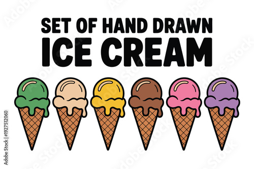 A set of hand drawn ice cream cones in different flavors and colors